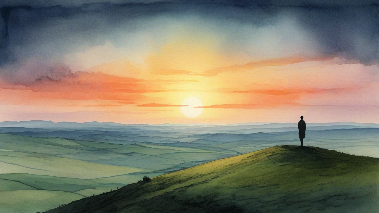 A calm, serene landscape with a lone person standing on a hill, looking out over a vast horizon at sunset.surrealist art style combined with smudged watercolor paint. The scene is a bit dark.