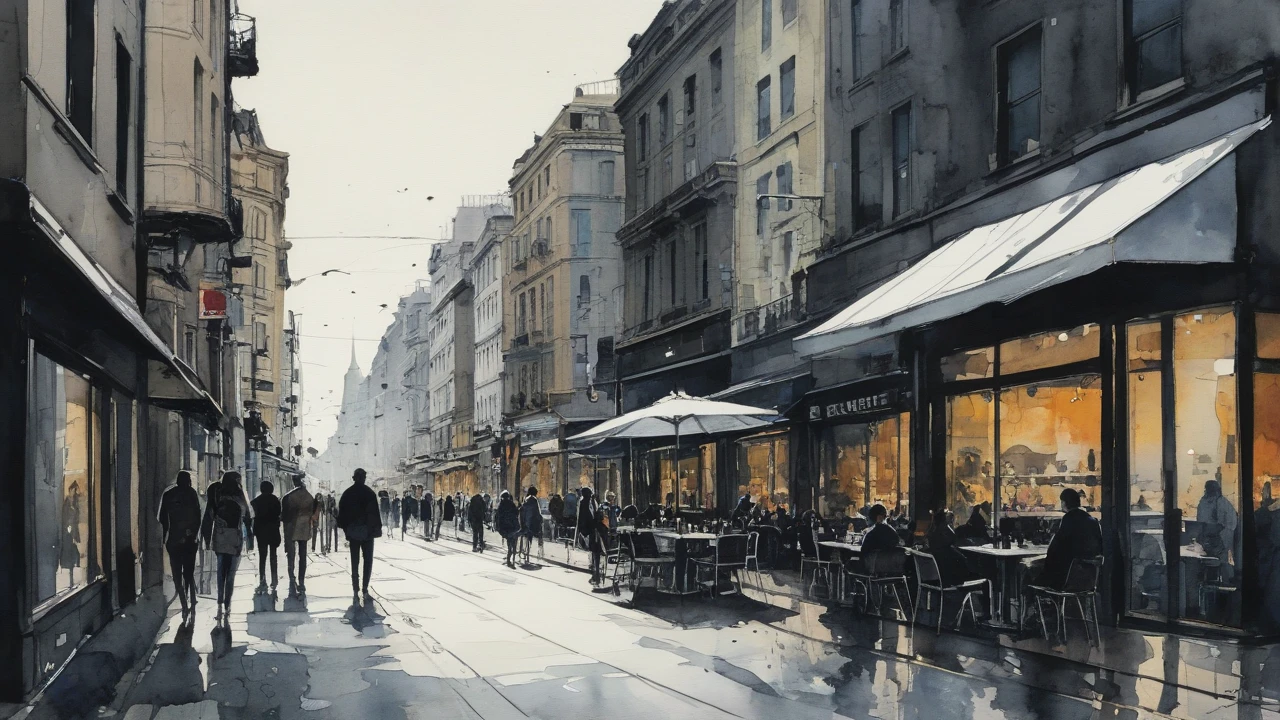 A busy city street with people walking, contrasted with a single person sitting in a café, reflecting in solitude.surrealist art style combined with smudged watercolor paint. The scene is a bit dark.