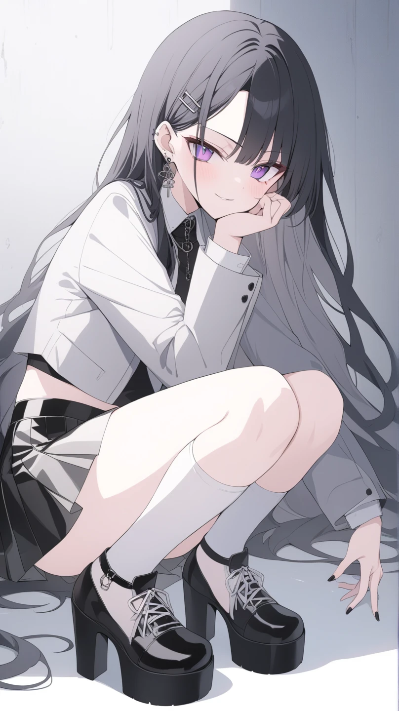 16 year old girl with long black and white hair and gray and black eyes