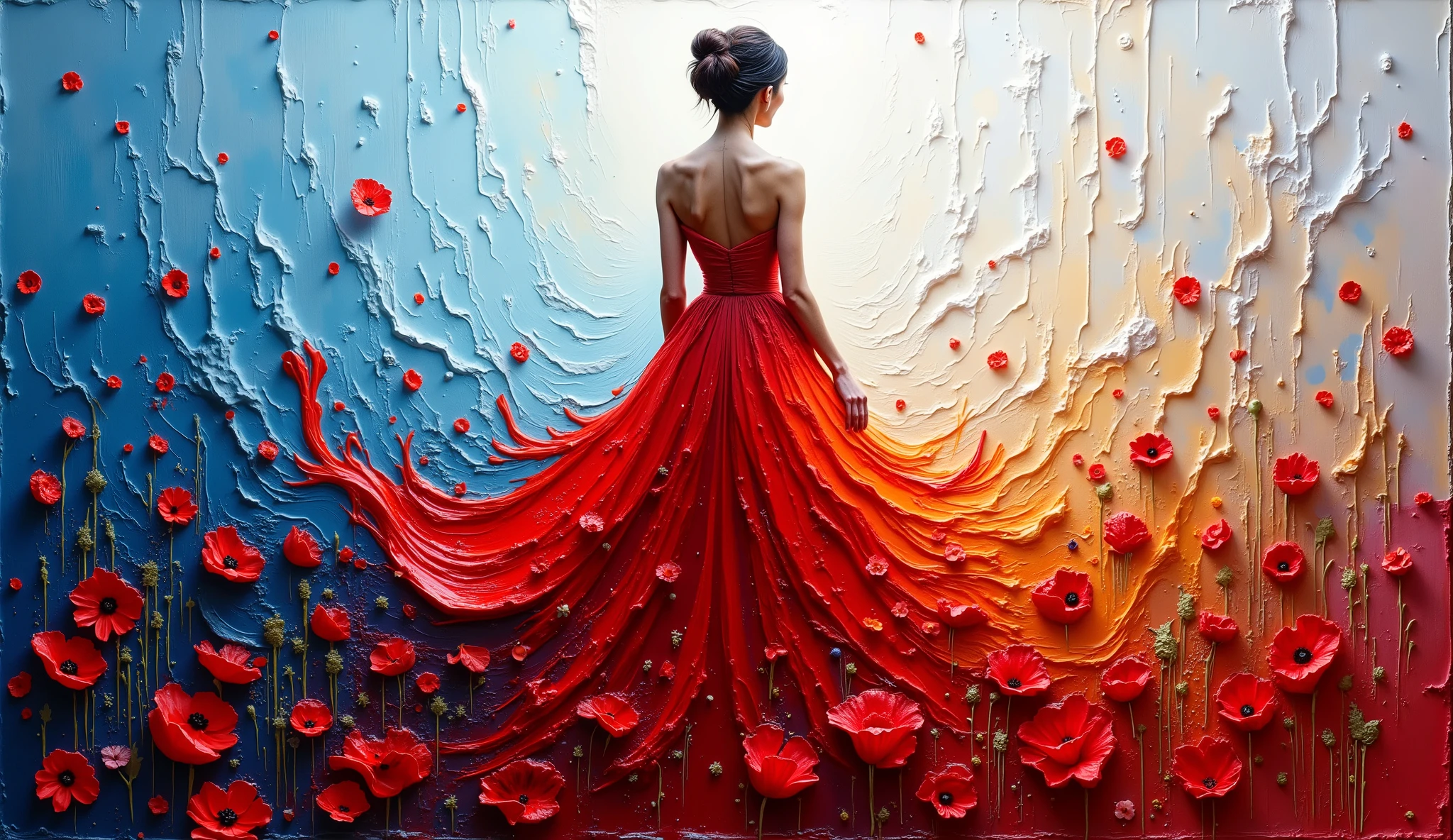 painting of a woman in a flowing red dress, blue and white background with poppies at the bottom, Lots of poppies, intricate oil painting artwork, Detailed oil painting in 4K, detailed painting 4K, intricate and intense oil paint, artistic painting, oil painting in modern style, intricate and wet oil paint, intricate oil , Covered in oil paint , detailed and oil painting, extremely detailed oil painting .
Abstract art of a female figure rendered in red, brushstrokes of textured paint, with a dynamic dress that makes the transition from red and gold to blue and silver through poppies embossed all over the skirt. The painting captures the movement of the dress as it flows and merges with the background, creating a sense of movement and fluidity . The silhouette is placed against a textured background with layers, colored poppies in shades of red and gold., ranging from gray to blue. The composition evokes a sense of mystery and transformation, with the play of light and shadow, improving the three-dimensional effects of tint