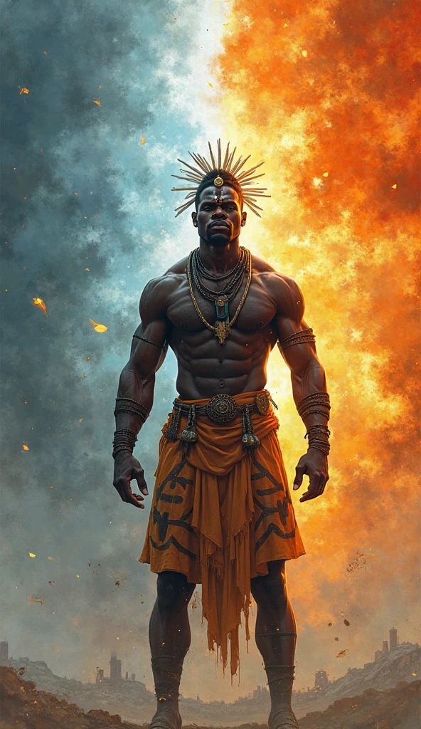 Un guerrier noir africain debout entre deux forces : d’un côté, une lumière apaisante, de l’autre, des flammes destructrices, le doute dans ses yeux.
