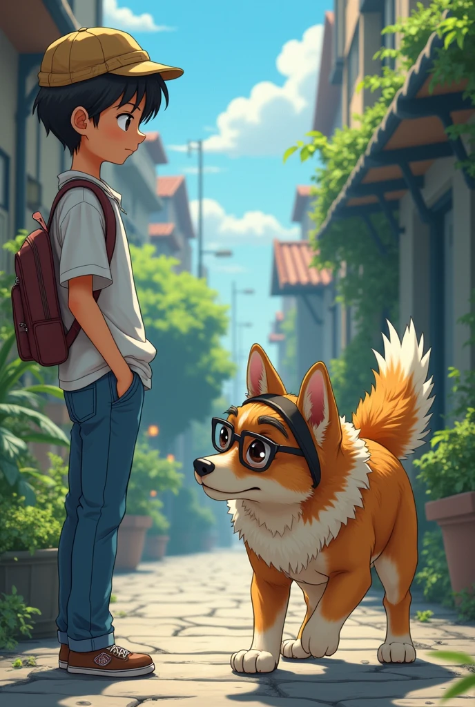  A dog sniffing the air like a detective, with smell waves drawn around its nose, and a human standing confused nearby. Highly detailed, 8k , 2 d anime