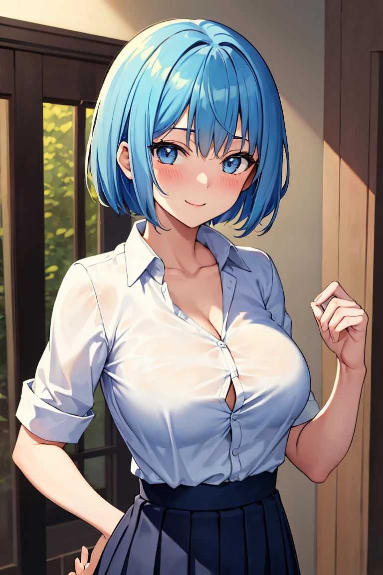 1girl, blue hair, very short hair, light blue hair, purple eyes, bunnysuit, black leotard, pantyhose, large breasts, thick thighs, smile, hourglass figure, rabbit ears, bunny ears,