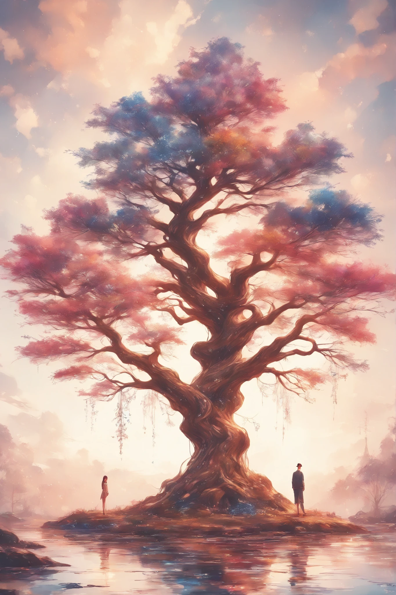 (masterpiece:1.2),top quality、Extremely Breathtaking Artwork、( absurd:1.2),beautiful details、best image quality、thin line art、watercolor style、world tree、Mysterious Tree 、Place々flowers are blooming