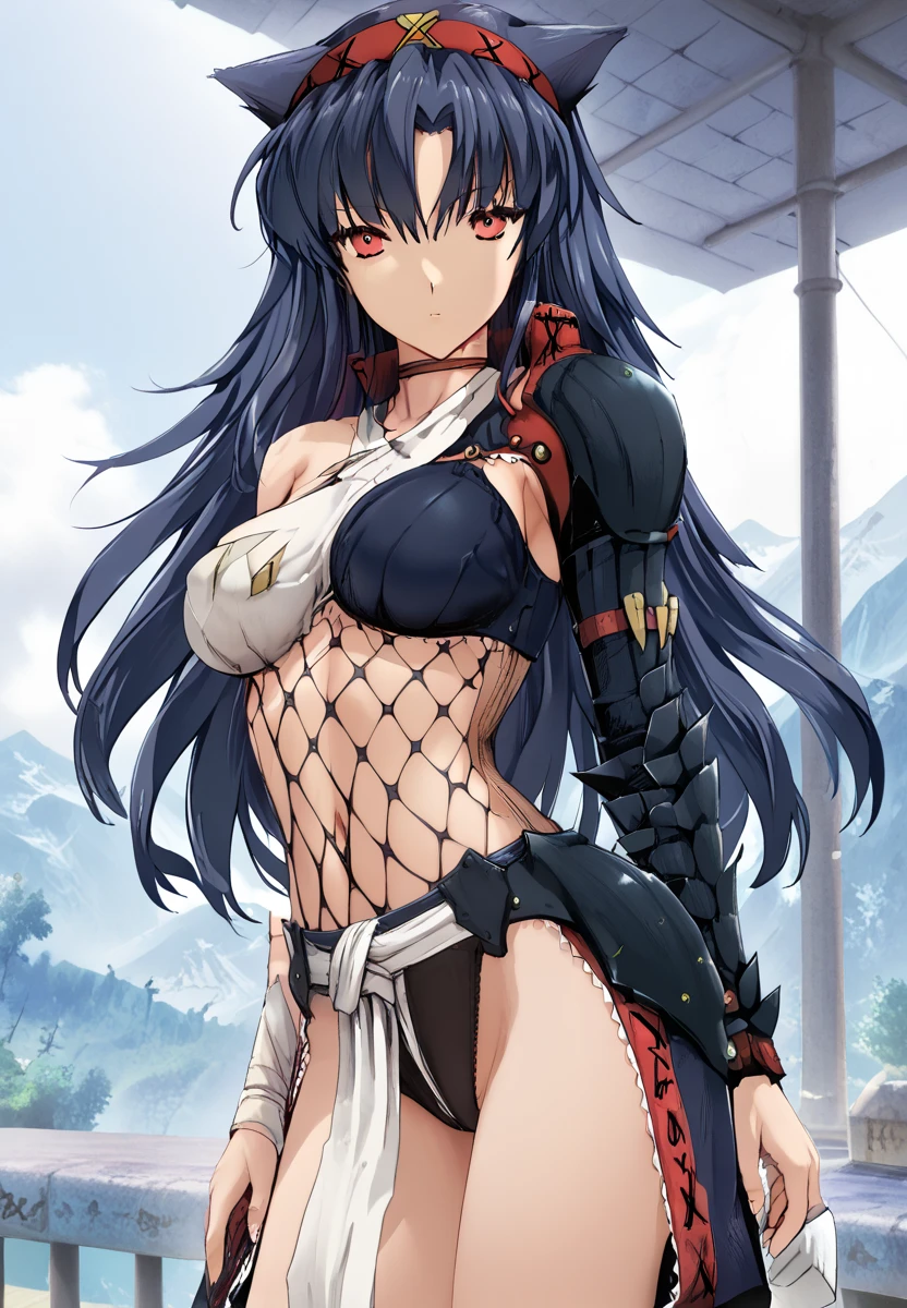 (score_9)、(score_8_up)、Rating：Blatant、、source_anime、(Round Breasts:1.5)、Nipples are hidden、(Pussyがのぞいている、Pussy:1)、(Large Breasts:1.8)、(Narrow waist、Thin Hips:1.2)、(No underwear:1.3)、BlueMary、short hair、blue eyes、pants、Crop top、turtleneck、belt、necklace、Fingerless gloves、Sideboob、Torn clothes、Grin、Big Mouth、