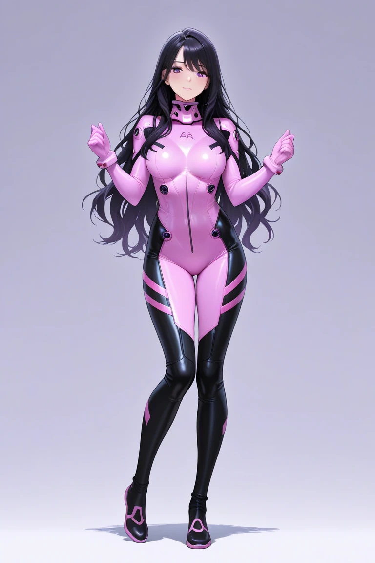 woman, long black hair, dark pink eyes, smiling, full bodysuit, wearing a pink ring, space background, gigantic breasts, sexy, feminine, masterpiece, beautiful detailed eyes, detailed face, looking at viewer, glowing, half body portrait, angela white, magazine pose, flying, wearing a circlet