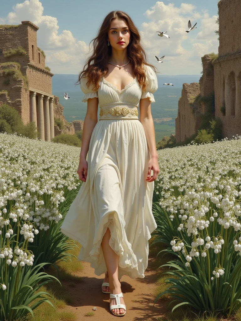 Full body shot, oil painting, The character is a young and very beautiful woman, Valyrian brunette, Perfect body 19th century painting nymph, covered in jewellery, Surrounded by flowers, She has a divine look and has a serious face. Behind her is a far distance detailed classic landscape with the ruins of an ancient town abandoned and overgrown with vegetation, She is wearing a  summer dress with a short sleeve made of very fine white fabric and a belt of white fabric at the waist. Cleavage, She wears white sandals. She walks in a bed of white snowdrops. She has very long wavy hair and her eyes are intense and deep green. (ornate Rococo), (Victorian), (Pre-Raphaelite Beauty), You can see white flying birds in the distance, Full body view, 