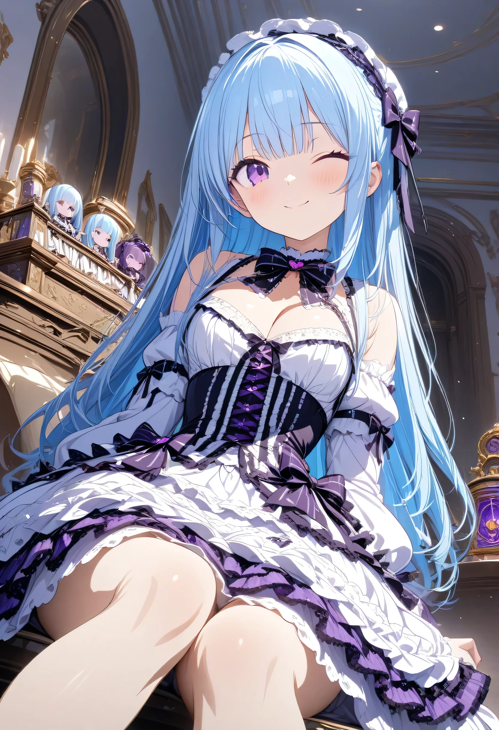 masterpiece,amazing quality,best quality,ultra-detailed,8K,illustration,CG,1girl, ta Style,light blue hair, purple eyes,one eye closed,long hair,Straight hair,purple and white gothic lolilothes,smile,Inside the mansion,thigh,sits down,cleavage,Petite figure ,music box,