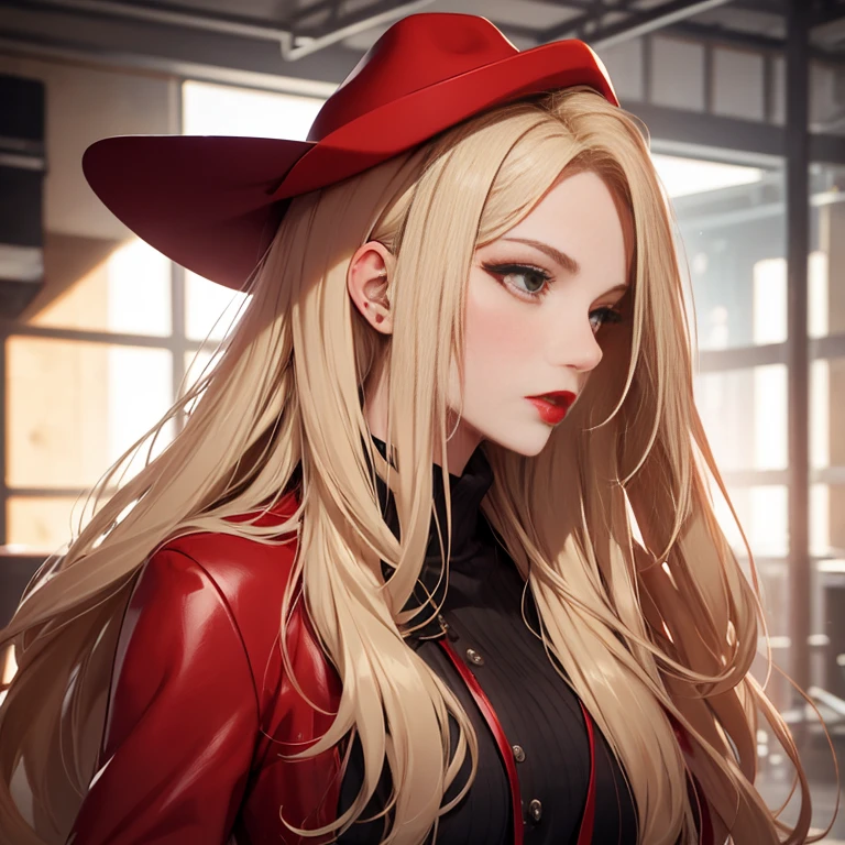 long hair and red lips, ,  profile image , red lips, Blonde、Professional Photography, ２０age female, profile picture, Straight blonde,big , cowboy shot, 