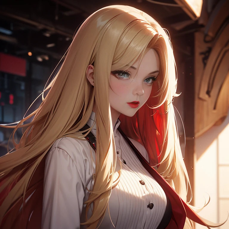 long hair and red lips, ,  profile image , red lips, Blonde、Professional Photography, ２０age female, profile picture, Straight blonde,big , cowboy shot, 