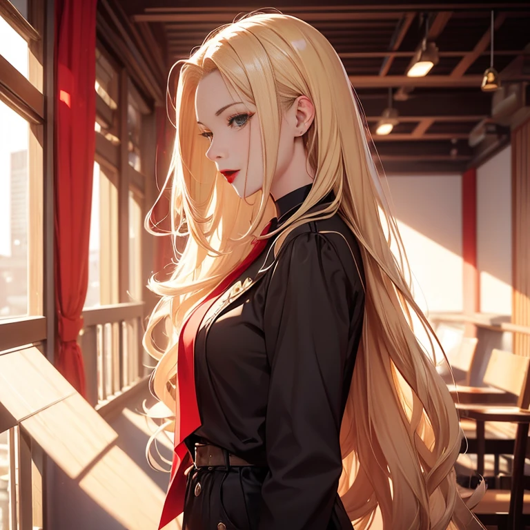 long hair and red lips, ,  profile image , red lips, Blonde、Professional Photography, ２０age female, profile picture, Straight blonde,big , cowboy shot, 