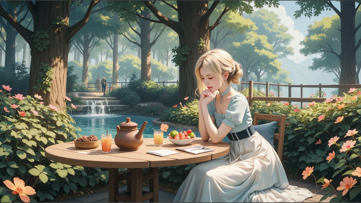 In the forest, tree, flower,  cafe, Relaxation high definition,4K,8K,Detailed description ,Realistic,like the picture,Professional ,Natural light,light, soft,Blue,warm,snug,comfortable,In the forest  cafe,Bird sounds,tree 그늘,flower밭,Outdoor terrace ,Relaxed Atmosphere,Decapitated,smile,활짝 핀 flower,The texture of the leaves, Hot Drink 