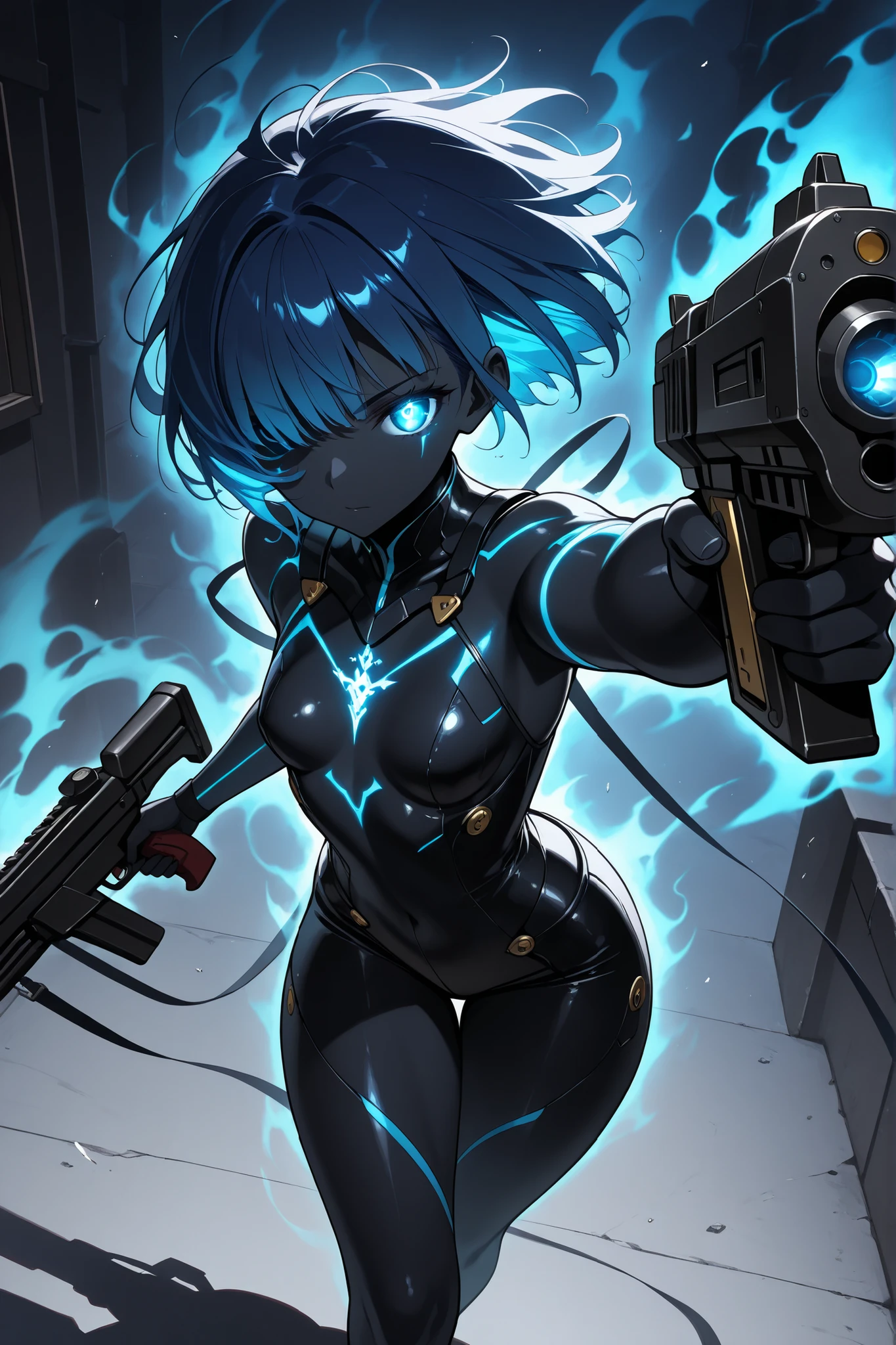 (masterpiece),(absurdres),(ultra detailed),(beautiful detaile),(closeup, guns shot stance、holding machine guns、gunfire,dynamic angle,looking viewer,,shadow,silver aura、glowing eyes,),(shadow、glowing、aura、black skin、glowing skin、aura skin、mist、void、dark fantasy)、glowing eyes,thick thighs, ethereal, floating hair, totally black skin, glowing eyes, ghost, black skin, glowing skin, aura skin, smokey skin, dark skin, misty and wispy, swirling smoke, ethereal, blue shadow,solo girl,(19-year-old),(deep blue hair),short bobcut:1.1,(dark blue eyes),hair covering one eye,small breast,(mechanical:1.1)シャル