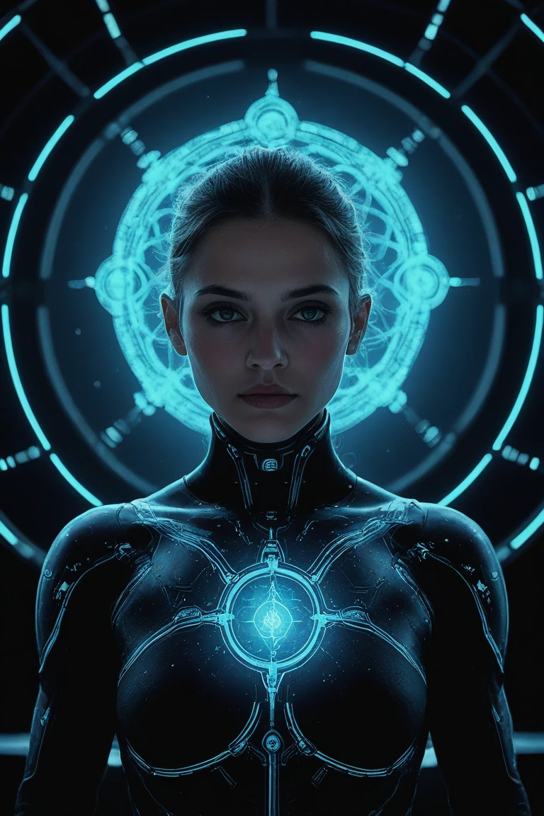 Cyberpunk human Meditation with all chakras in a dark place and universe on the sky sci fi cinematic 