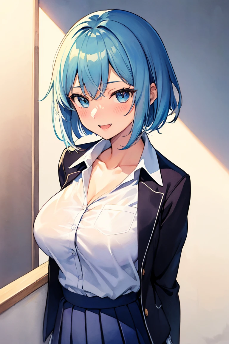 (best quality:1.5, highres, UHD, 4K, detailed lighting, shaders), white and blue haired, gradient hair, large breasts, suit, gray shirt, social shirt, short skirt, mature woman , (pov), white background, colorful eyeshadow, dramatic lighting, sparkling eyes, sensual expression, golden earrings, flowing hair, delicate facial features, dark skin, high cheekbones, raining, urban setting, white background, dont look for the camera, lean forward, view from behind, wet  by the rain.