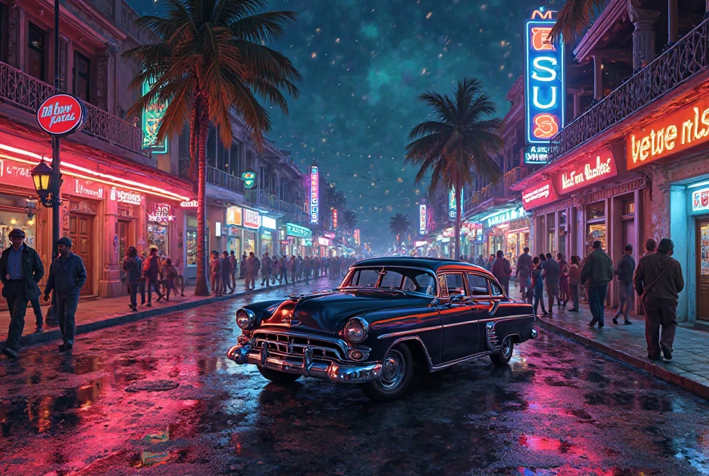A digital painting in retro neon-lit style, full of vibrant colors, depicting a nostalgic night-time urban scene. Wet streets reflecting colorful lights, neon-lit buildings, silhouettes of people walking, and a vintage car parked in the foreground. A festive, warm, and Latin-inspired atmosphere.