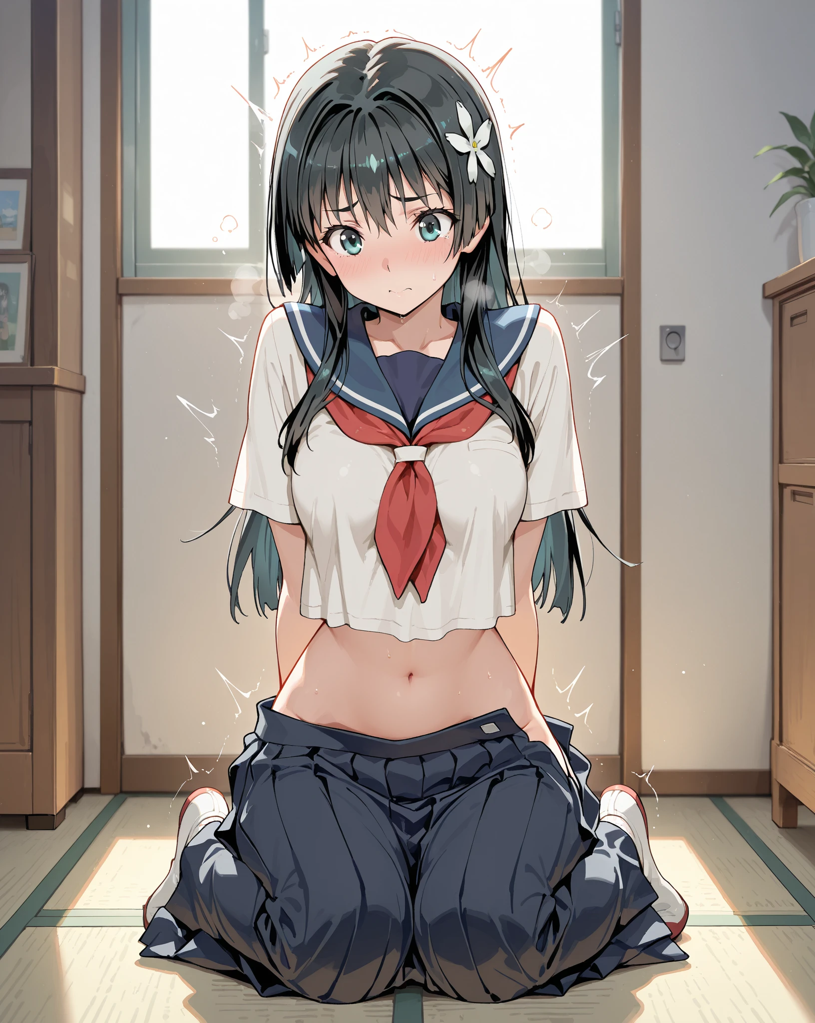 masterpiece, ultra quality, ultra sharp, ultra detailed, 1girl, solo, (((good anatomy))), haduki kurumi, (tattered torn dripping wet white gym shirt), navy gym pants, animal ears, randoseru, name tag, Japanese anime pose, laugh, BurumaShorts, Buruma, Gym Uniform, (((sitting, squatting, spread_legs, legspread, split_legs, spreading legs)), (randoseru backpack:1.4), (angry, jitome:1.4), buruma, blue buruma, black buruma, (cameltoe), (tattered torn short sleeve white gym uniform with colored hem), (tiny nipples), (white long loose socks), strong lighting, legspread, bukkake, cum on clothes, cum on legs, cum on buruma, cum on bloomers, (spreading pussy by hands)