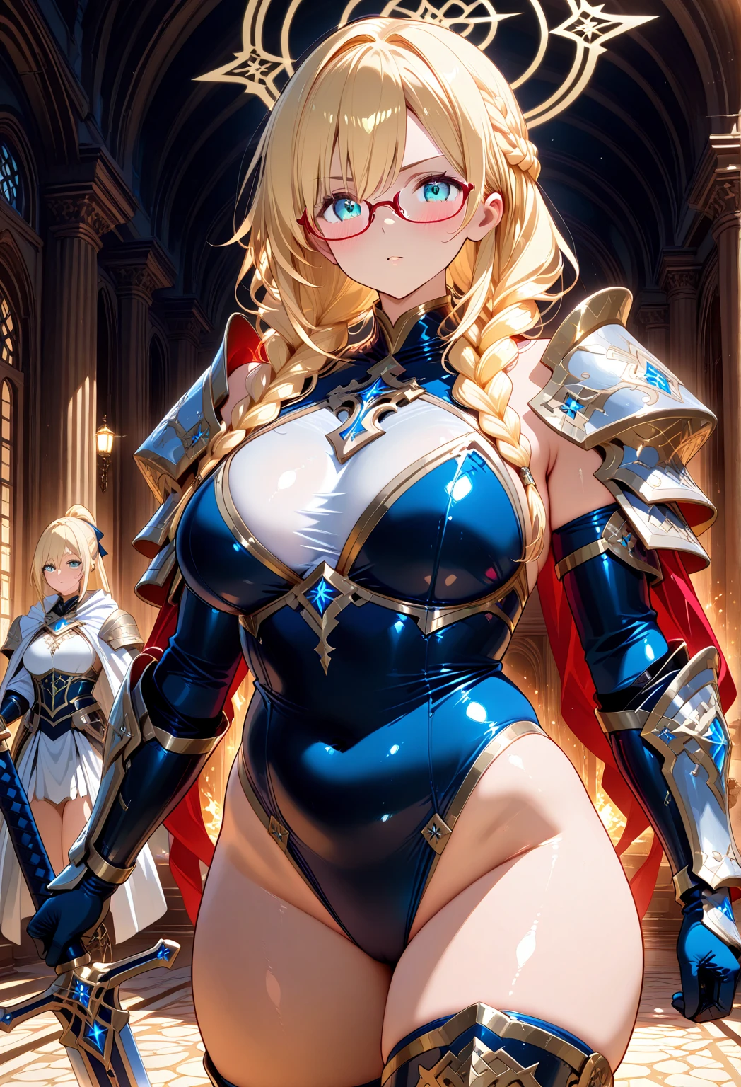 a beauty girl，cabellos largos dorados，blonde with blue eyes，(ssmile)，European medieval castles，palaces，Wear gorgeous armor，(Silver armor)，Armor，((Condom in hand))，Shoulder pads，Armour，chest plate，Leg nails，(Royal Knights)，(huge tit)，(black lence stockings)，((Pubic bone))，(Defeat)，((Broken armor))，((Damaged clothes))，cleavage，((Petite body))，(Type of elementary school)，twogirls，Raped by a woman