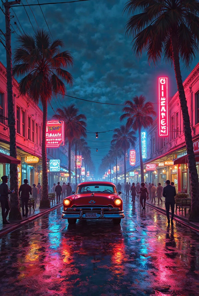 A digital painting in retro neon-lit style, full of vibrant colors, depicting a nostalgic night-time urban scene. Wet streets reflecting colorful lights, neon-lit buildings, silhouettes of people walking, and a vintage car parked in the foreground. A festive, warm, and Latin-inspired atmosphere.