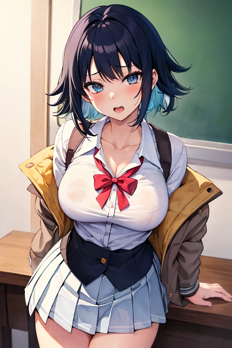 (goblin slayer!), (throw_hand, pink vibrator remote switch in throw_hand, throw:1.2), Highest quality, Super detailed, masterpiece, Ultra-high resolution, 8K, Ridiculous, Cowboy Shooting, Blurred, Focus on the girl, Embarrassing, blush, Lovely, Open your mouth, What saliva leaves behind, Wet skirt hem, (Sticky panties:1.1), Bulging of the vibrator cord, Vibrator with Garters, [1girl, eishin flash \(umamusume\), umamusume], (cleavage), Classroom Background, The skirt is accidentally exposed,(large breasts), (crop top navel), (waist line), Accidentally exposed panties