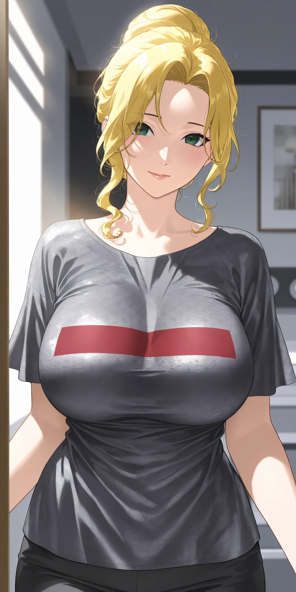 Mature Japanese Woman、short hair、ponytail、(((bright blonde:1.2)))、(((gal)))、金髪gal、tanned skin、(((big breasts:1.1)))、sexy、T-shirt appearance、living、cheeks are red、(((nsfw)))、shorts、big breastsが見える、shorts、Cleavage is separated、(((masturbation)))、sex、sweaty、sexyな下着、