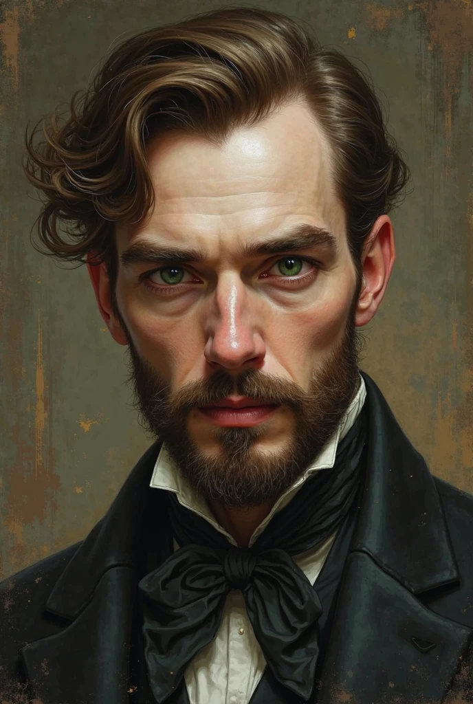 Make me an image of a realistic male character, psychopath ,obsessive,manipulative, apathetic,  crazy with white skin characteristics, brown hair color, green eyes, triangular nose, oval face and thin lips with a beard and thick eyebrows from the Victorian era and that shows that he is a painter and looks realistic