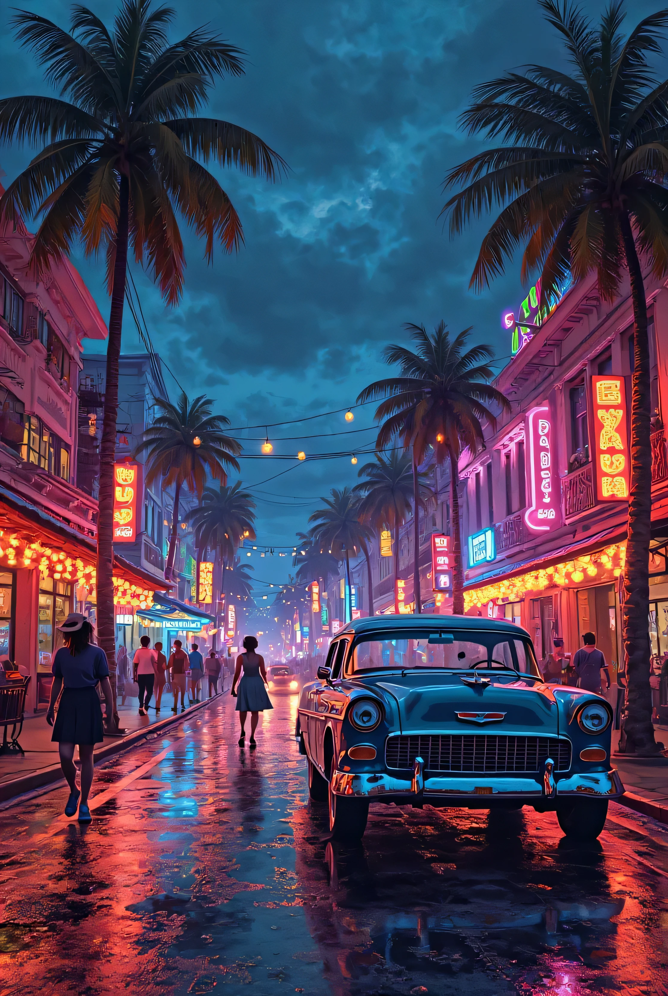 A digital painting in retro neon-lit style, full of vibrant colors, depicting a nostalgic night-time urban scene. Wet streets reflecting colorful lights, neon-lit buildings, silhouettes of people walking, and a vintage car parked in the foreground. A festive, warm, and Latin-inspired atmosphere.
