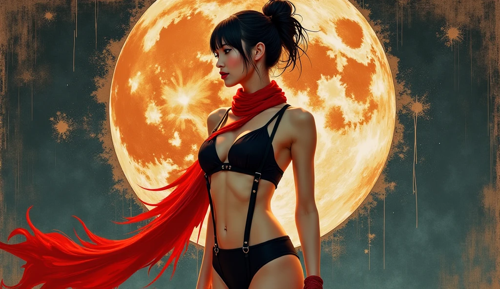 full view,Japanese goddess of the moon sulphurous posture against a modern black bikini  ..nylon and suspenders red scarf...,,,,antique wall decor  ... Oil paint 
