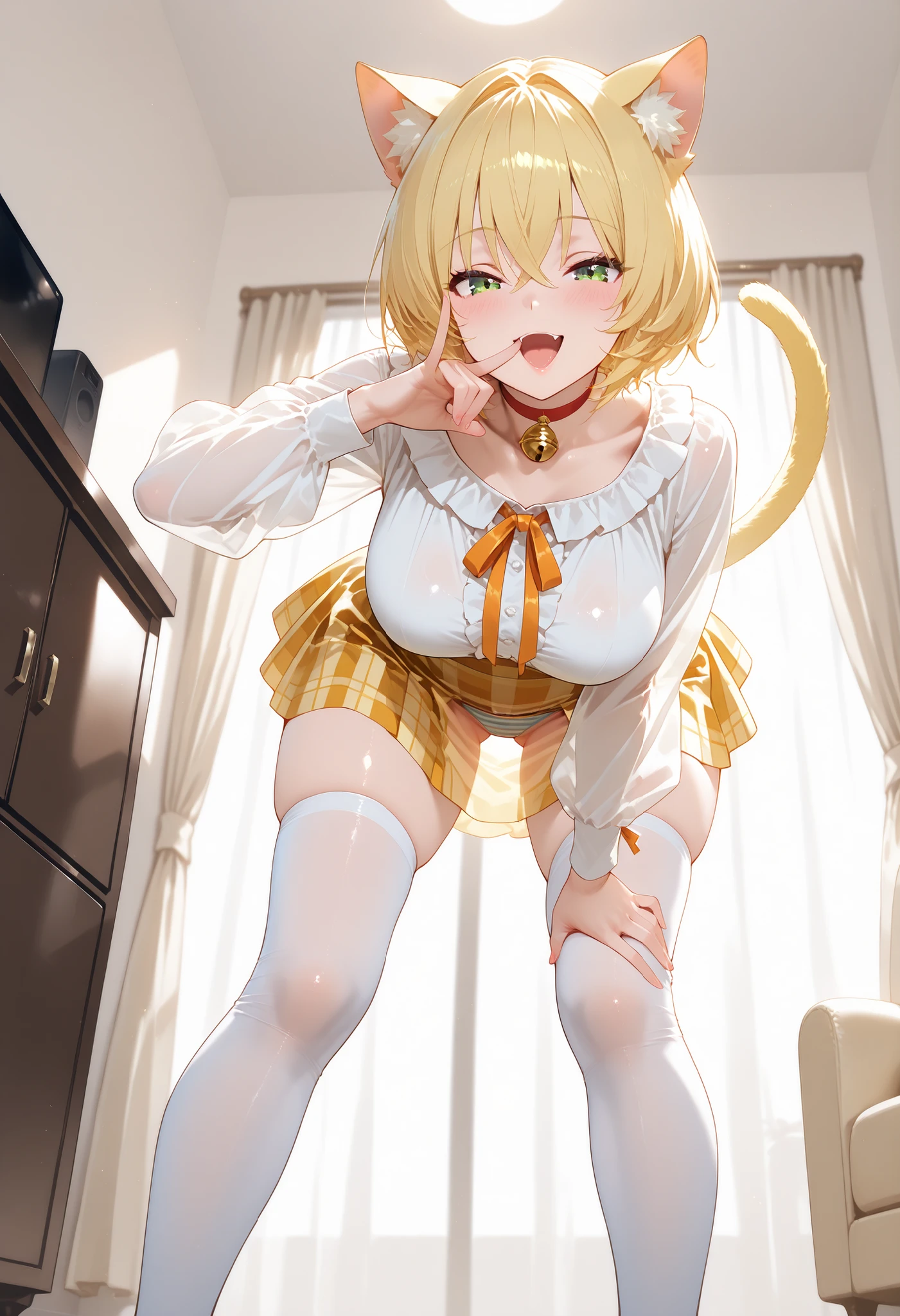 cute, shy muscular woman, covering her face with her hands in embarrassment, blushing, view from below, upskirt, sfw, yellow panties, camel toe, thick thighs illustration, anime-like style