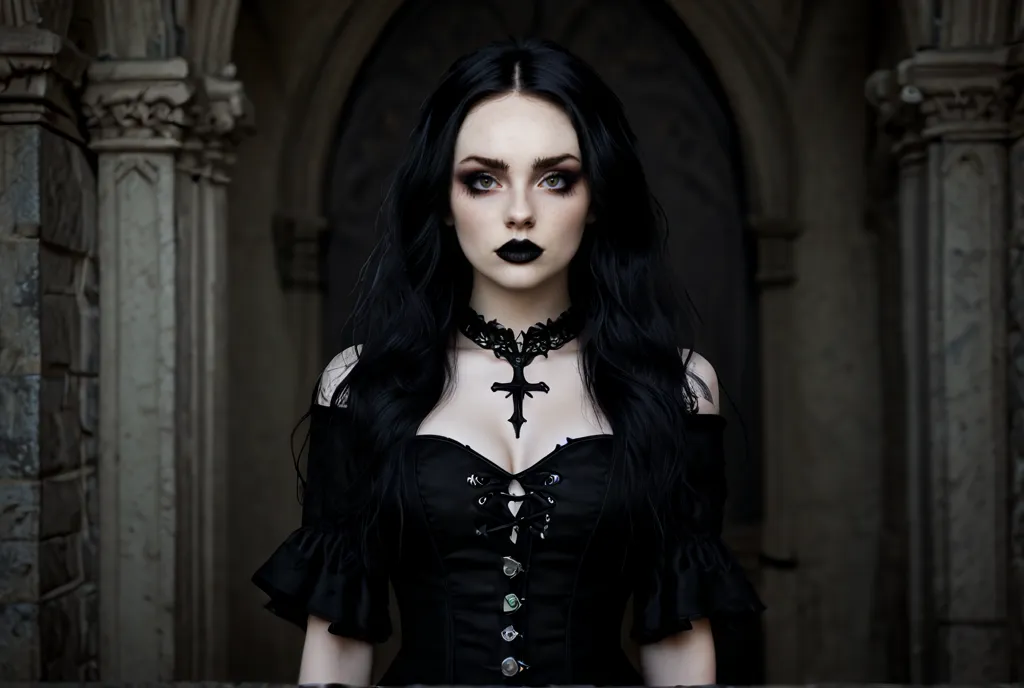 masterpiece, best quality, {30 year old woman}, long black hair, expressionless, windswept hair, black leather corset, black lipstick, detailed eyes, gothic architecture, outside, modern city scenery, facial piercings, building with mirrored glass, twilight, black arm touches, lip piercing, {eroticism 1.5}