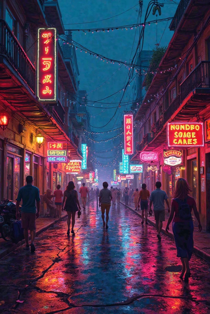 A digital painting in retro neon-lit style, full of vibrant colors, depicting a nostalgic night-time urban scene. Wet streets reflecting colorful lights, neon-lit buildings, silhouettes of people walking, and no cars. A festive, warm, and Latin-inspired atmosphere, full of energy and memories.