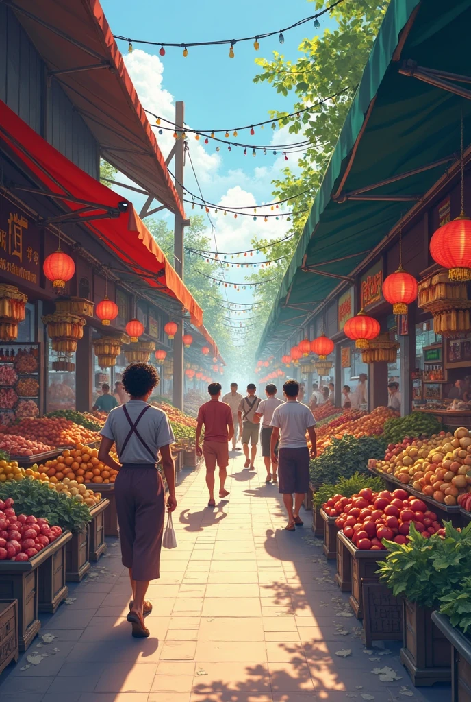 Masterpiece, top-quality,((front view:1.1)), ((from below:1.3)), Epic illustration, View from below:1.2, Alley of Asian market with stalls, vegetables, fruits, meat, fish, people walking and talking, street food, cooking, beautiful shadows, busy atmosphere , vivid and vibrant color palette, surreal and dreamlike atmosphere. (best quality, 4k, high-res), (photorealistic: 1.37), tropical, serene, vibrant colors, soft morning lighting.