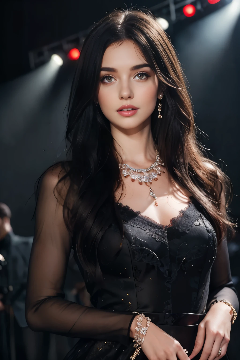 8k, masterpiece, 1 girl, beautiful face, white skin, very long hair, light makeup, detailed eyes, detailed lips, small breasts tight, realistic detailed, very detailed dress, princess dress, (black dress:1.2), (wearing jewellery:1.5), (lace:1.4), ((stage background)), attractive poses,