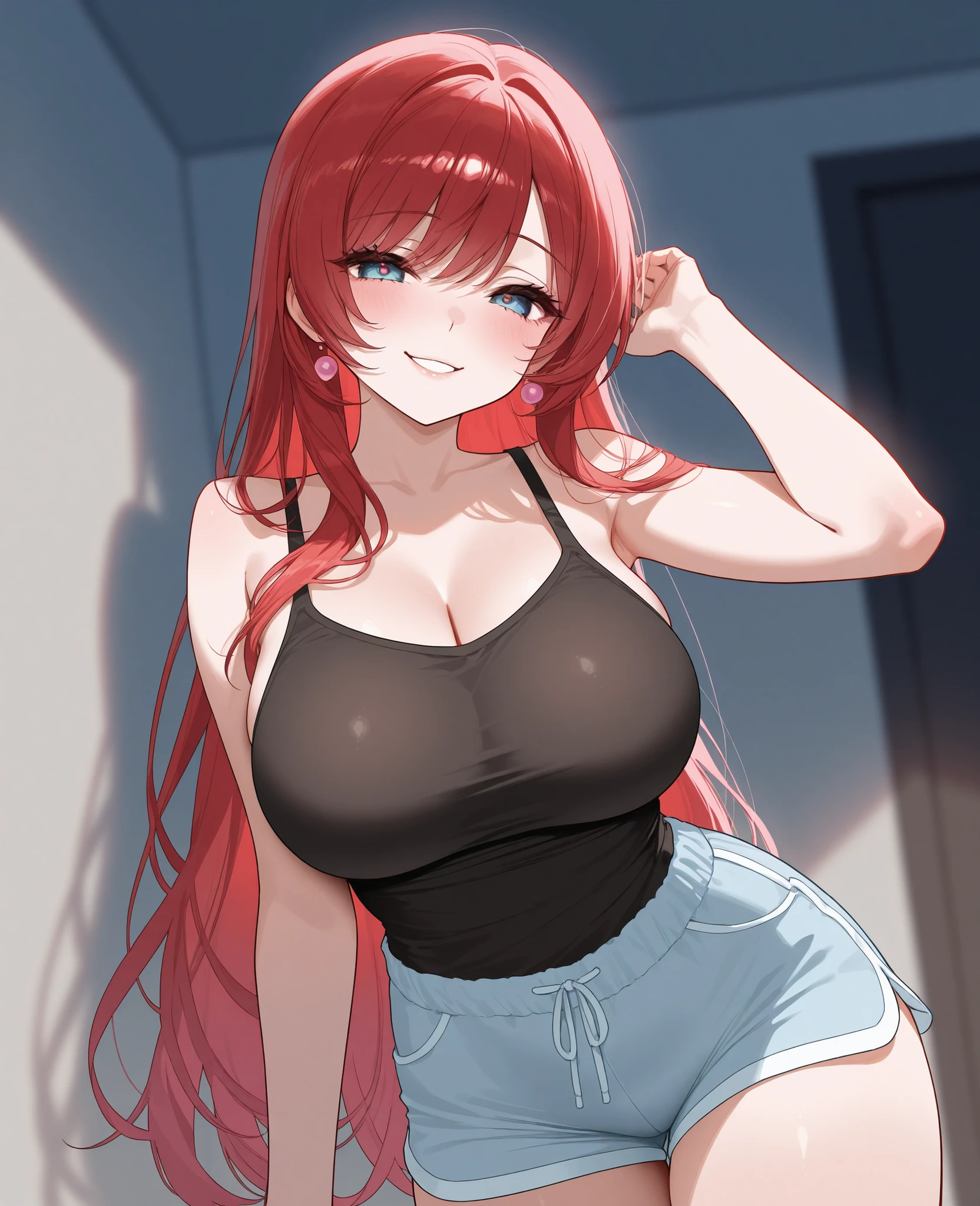  beauty　 Married Woman　Age 30　 red hair 　long hair　charming　glamour　tank top　shorts　sexy　disgusting expression　smile　narrows her eyes　From the side of the whole body