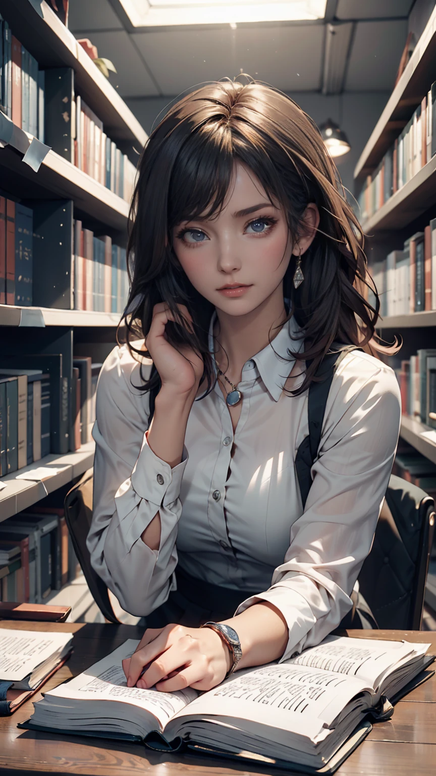 A person concentrating on studying in a library