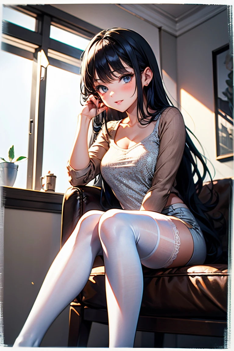 yukinoshita yukino, (long hair, black hair:1.5), grey eyes, sweating,(best quality,4k,8k,highres,masterpiece:1.2),ultra-detailed,(realistic,photorealistic,photo-realistic:1.37),white gloves,lace-trimmed bra,lace bra,skirt,underwear,crossed legs,pantyhose,sitting,cleavage,purple bra,bere,high heels,black footwear,black skirt,flower,long sleeves,miniskirt,military uniform,portraits,vivid colors,soft lighting