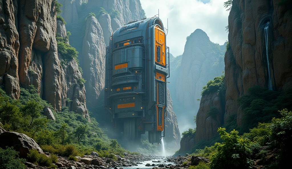 Design a hyperrealistic image in 16K of an intense one that elevates particles of dust and tropical humidity. YOU CAN SEE IN THE FOREGROUND OF A GENERAL PORTRAIT FROM A LOW ANGLE The environment ON a tropical planet with cliffs of light gray rock, assemblages, full of natural protrusions from which CYLINDRICAL INSTALLATIONS WITH HATCHES AND REINFORCED GLASS WINDOWS emerge ultra technological aliens, WITH TRANSMISSION ANTENNAS AND PARABOLAS integrated perfectly with the environment. METALLIC LIGHT GRAY AND ORANGE, WITH EXPOSED PARTS OXIDES. From the cracks of the rock, fine crevices and falls of crystalline water descend. The atmosphere is humid and rich in vegetation. The sky is clear, lens with giant clouds floating above the stage. Captures the scene from an extremely low angle, al foot of the cliffs where the alien colony begins. It uses the optics of a Sony 16-35 mm f/4G PZ to achieve a natural but impressive perspective, with perfect depth of field that emphasizes the monumental scale of the ship. The lighting must be studio film type, highlighting metallic textures, reflections and active lights of the ship, , achieving a level of absolute hyperrealism worthy of a science fiction masterpiece.
