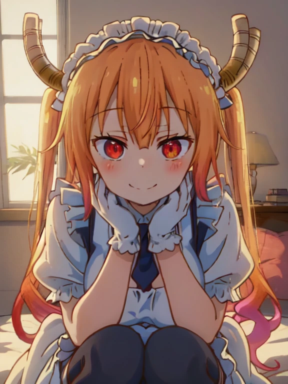 (8k, RAW photos, top quality, masterpiece: 1.2), (High Quality), ray tracing, HDR, (High Details), (Face detail), (Shadow Detail), (amplected), stylized blush, 3d, 3d render, 1girl, solo, masterpiece, best quality, high quality, highres, 4K, (floating hearts:1.5), (heart-shaped pupils1.5), seductive glare, lip gloss, makeup, woman, detailed, cleavage, thick thighs, 1girl, solo, masterpiece, best quality, high quality, highres, 4K, tohru, orange hair, maid outfit, tie, slim waist, long hair,