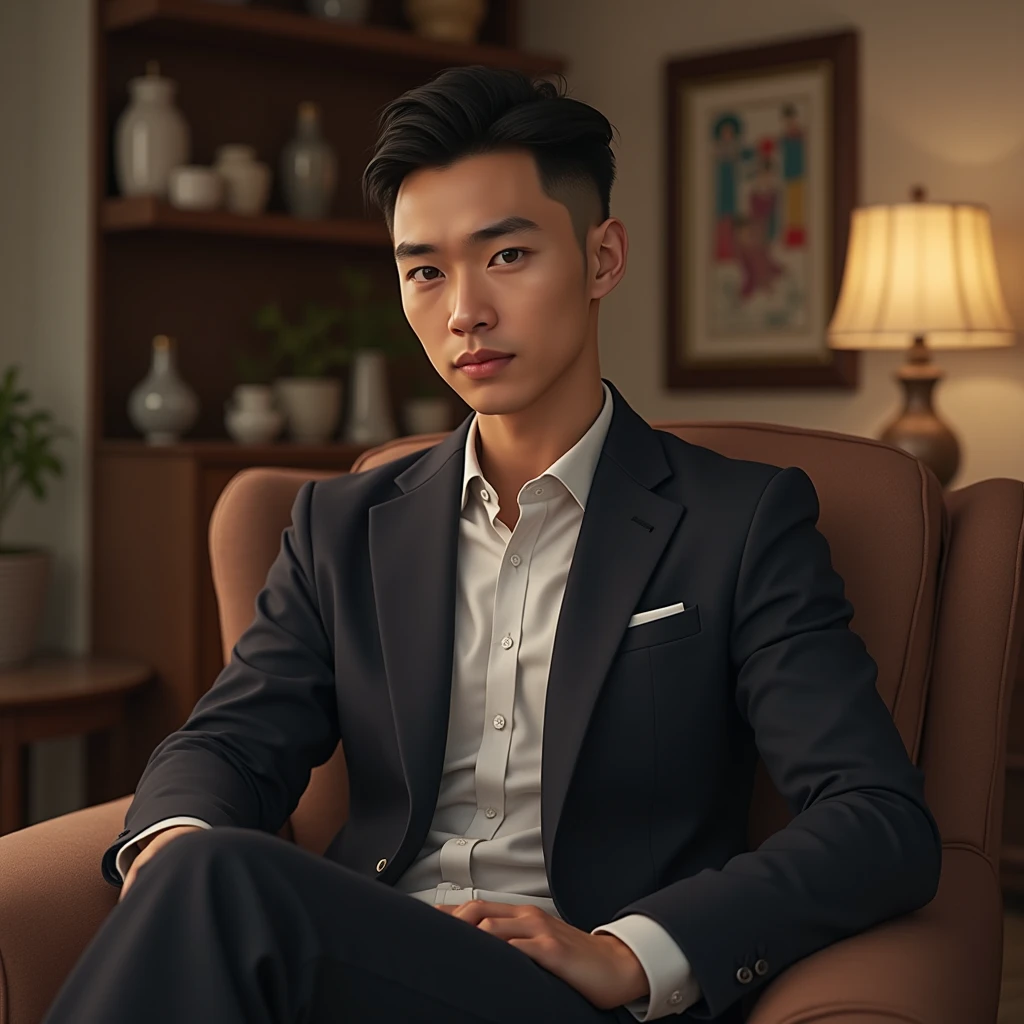 "Create an AI-generated image of a Vietnamese man. His name is HUY (the same ca sĩ bảo sơn) is 34 year ago. He is a businessman. The image should show him sitting at his home