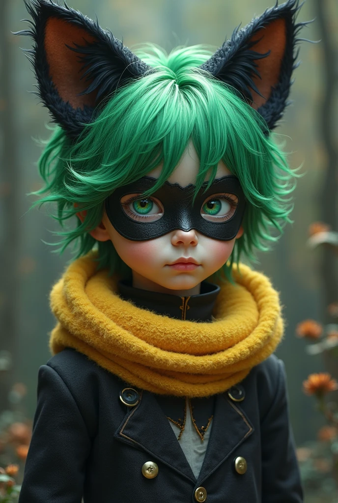 Generate me a boy with green hair black cat ears costume with a yellow neck bomb with a tail with green eyes with a black mask