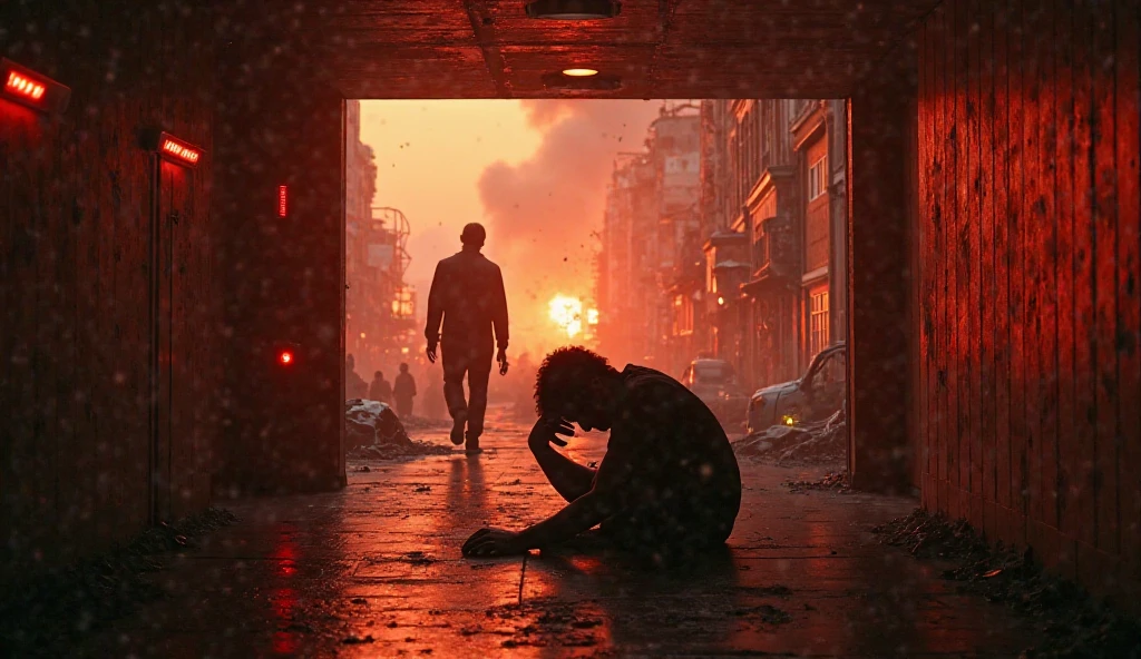 Sure ! Here is the appropriate prompt for this part to create a powerful and moving picture that expresses the dramatic moment and the tense atmosphere in the scene:


---

Prompt ( in English ):
A dark, dystopian corridor with flashing red warning lights and alarms. A young man holding his head in pain, collapsing to the ground as his memories fade. In the background, a sinister man holding a small device and a Taser, standing with a cold expression. The corridor opens into a ruined futuristic city, buildings on fire, chaos in the streets, wrecked cars, and panicked people running. The sky is smoky and orange from the flames. The atmosphere is tense, dramatic, and cinematic.


---

Would you like to create a picture for you based on this prompt?

