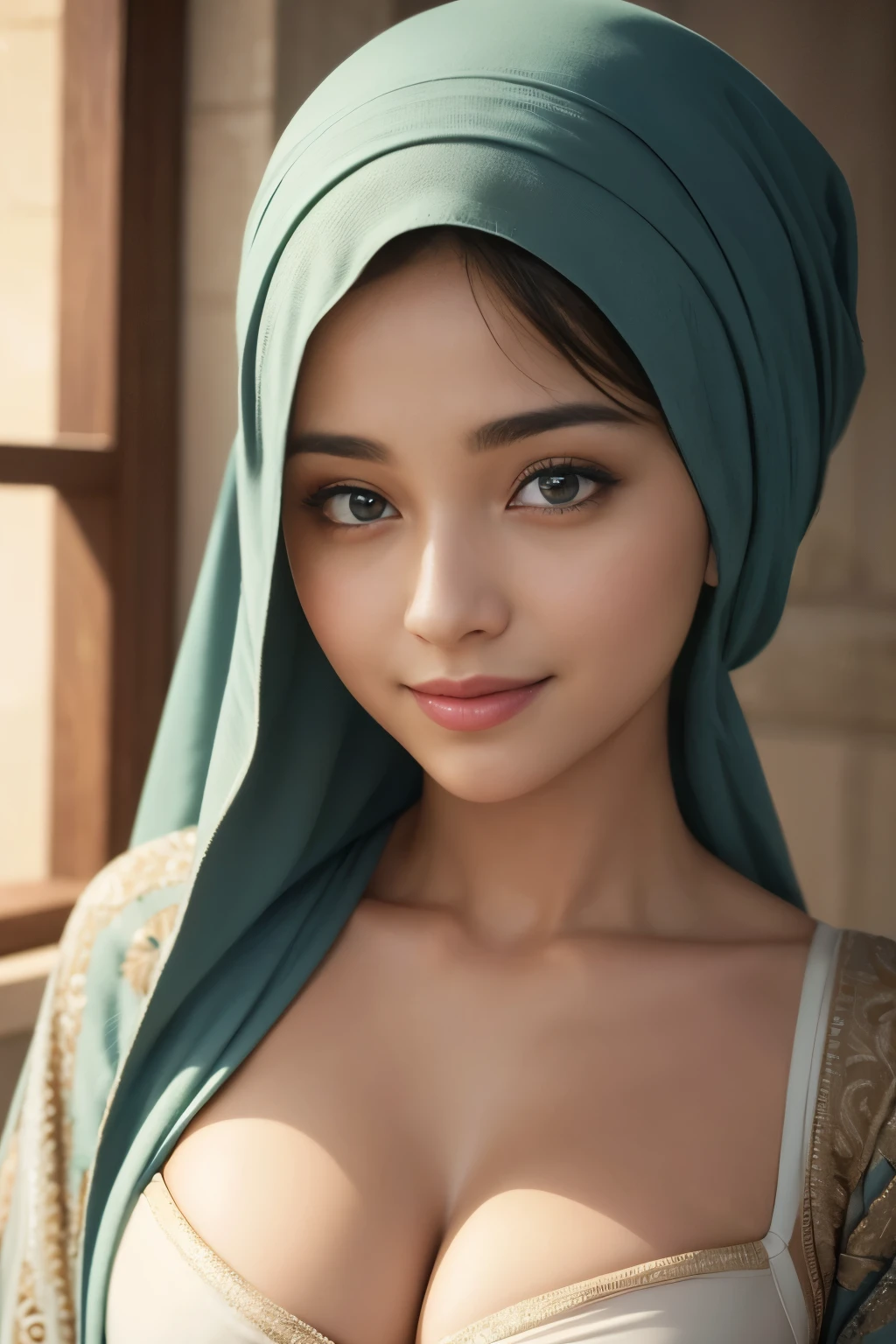colorful, tombraider, cleavage, hijabi, Absurd, ultra-detailed, high quality, masterpiece, detailed face, beautiful eyes(detailed eyes), javanese, gentle and graceful, face exudes warmth and kindness, eyes described as soft and comforting, gentle and steady gaze, overall appearance is simple and modest, The fabric of her garments is usually depicted as soft and earth-toned, beauty lies not in extravagant adornments, Her smile is serene and welcoming
