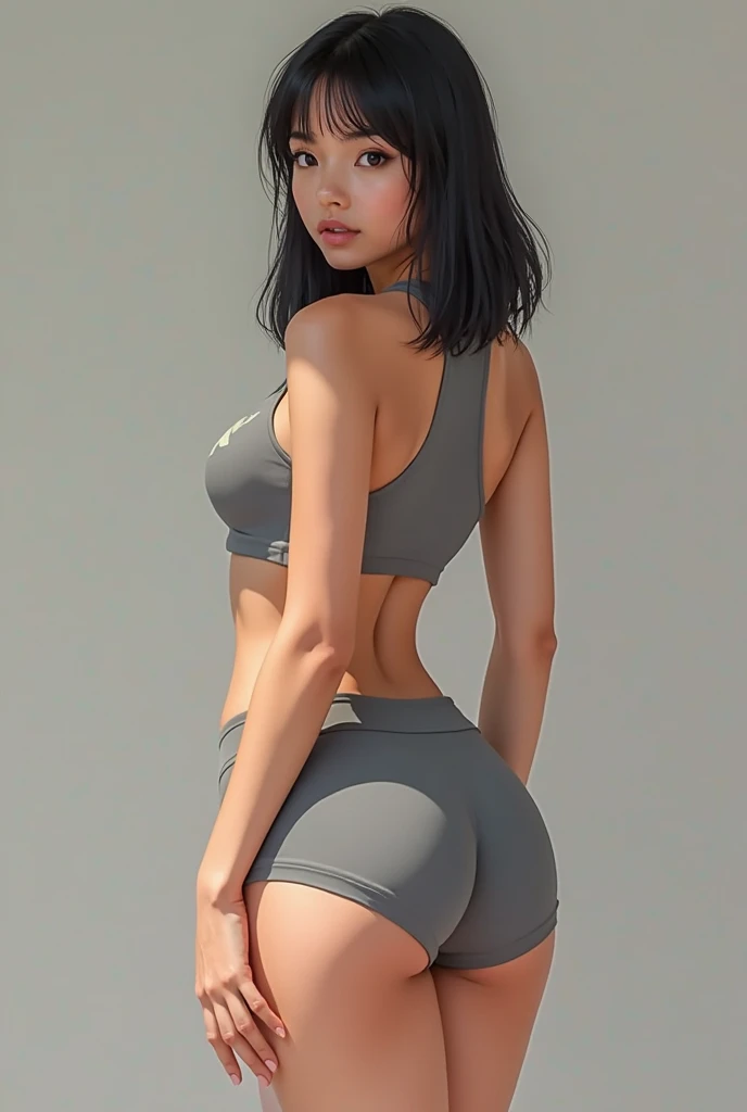 Create a woman with a slim and toned figure, with a narrow waist and proportionate hips. Her arms and legs are slim and well defined., which suggests a worked musculature. She has light-toned skin and long, straight hair., highlighting her slim and athletic figure.He has almond-shaped brown eyes, cupid&#39;s lips, big, round buttocks and shapely breasts.