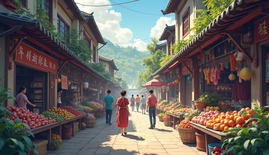 Masterpiece, top-quality,((front view:1.1)), ((from below:1.3)), Epic illustration, View from below:1.2, Walking Alley, ((Ancient)) Asian market with stalls, vegetables, fruits, meat, fish, people walking and talking, street food, cooking, beautiful shadows, busy atmosphere , vivid and vibrant color palette, surreal and dreamlike atmosphere. (best quality, 4k, high-res), (photorealistic: 1.37), tropical, serene, vibrant colours, soft morning lighting.