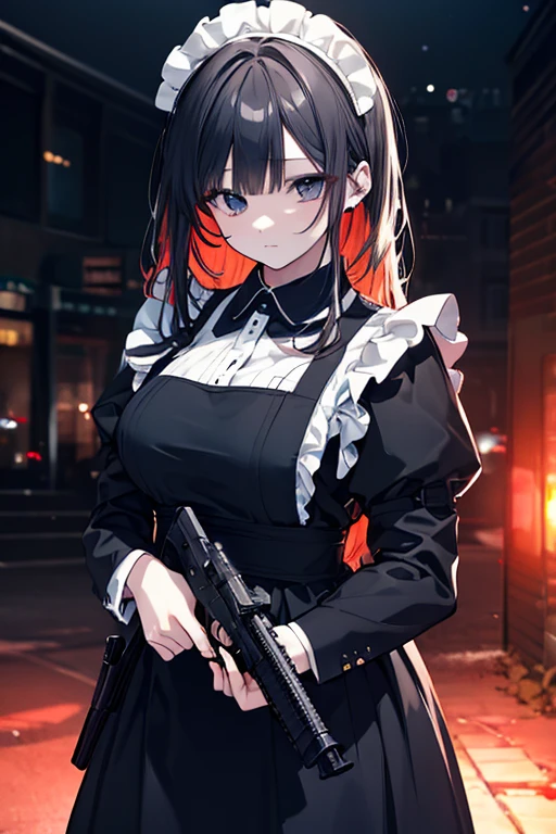 A woman with a black ponytail,Wear a black trench coat,Blood-colored eyes,Tall and tall,Fingers are wide-edged long knives,the night,rays of moonlight,suburb,abandoned factory,Greenery,Blood mist pervaded,Bodies are strewn across the field
