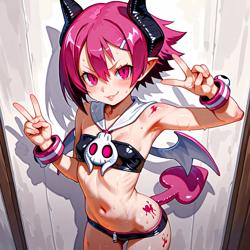 Etna,Devil Girl,blush、Embarrassing,A strained smile,Idol Pose、bikini clothes,Flat body,Flat Body,Small breasts,(Uplifting:1.4)、Demon King's Castle