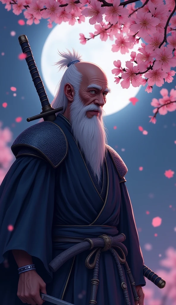 An old warrior who is tired of bald head battles、Smiling in the cherry blossoms at night illuminated by the moon、An anime-style photo that captures、holding a large sword on his shoulder、4k、ultra high definition、Realistic Textures、PROFESSIONAL TECHNIQUE、Vivid Colors、Soft Bokeh