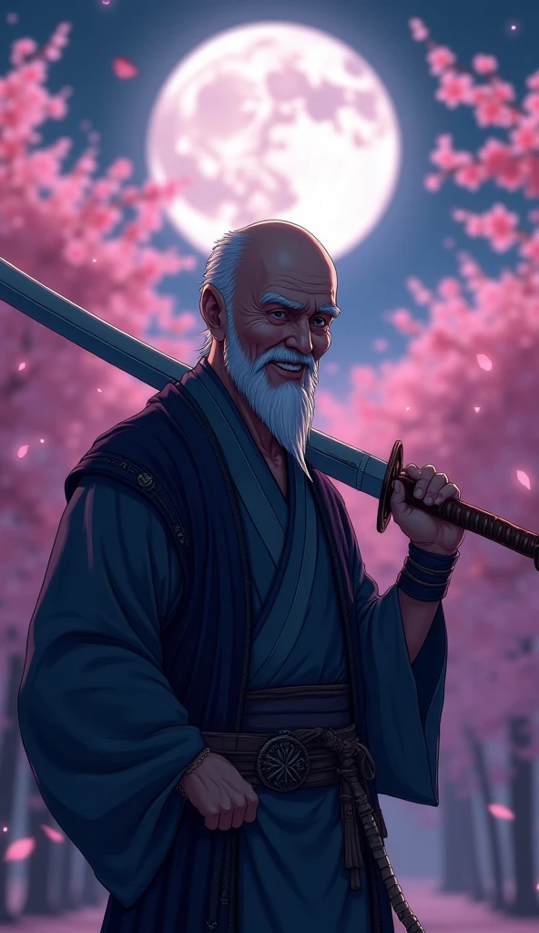 An old warrior who is tired of bald head battles、Smiling in the cherry blossoms at night illuminated by the moon、An anime-style photo that captures、holding a large sword on his shoulder、4k、ultra high definition、Realistic Textures、PROFESSIONAL TECHNIQUE、Vivid Colors、Soft Bokeh