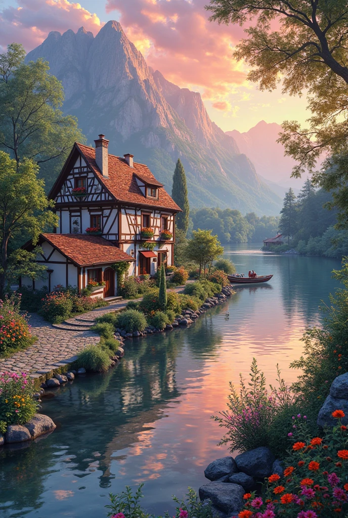 A small village by the river, mountains in the background, colorful flowers, detailed landscape style, beautiful natural scenery, atmospheric lighting,  scorching sunset ,  warm colors, practical, photographic, detailed foliage, complex buildings , cobblestone street, charming country house, vibrant colors, lush vegetation, reflections in the water, pitoresco, idyllic, work of art, Best Quality, 8k, extremely detailed, anime style