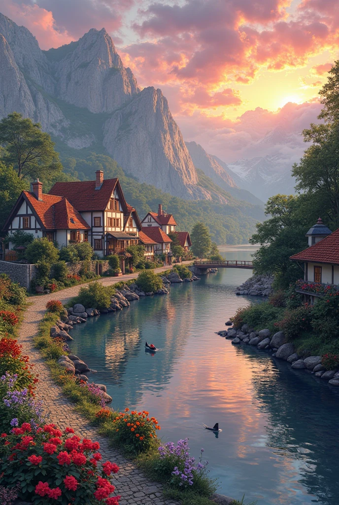 A small village by the river, mountains in the background, colorful flowers, detailed landscape style, beautiful natural scenery, atmospheric lighting,  scorching sunset ,  warm colors, practical, photographic, detailed foliage, complex buildings , cobblestone street, charming country house, vibrant colors, lush vegetation, reflections in the water, pitoresco, idyllic, work of art, Best Quality, 8k, extremely detailed, anime style